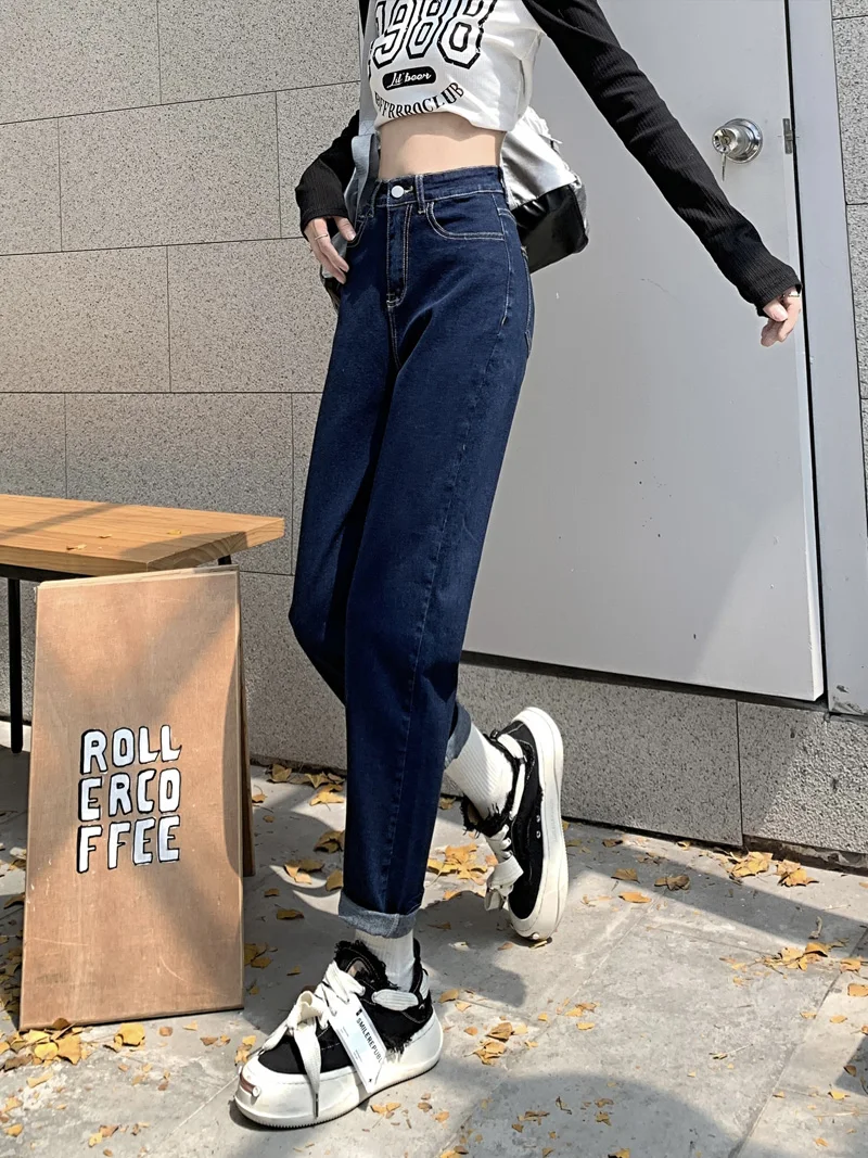 High Waist plus Size Straight Leg Jeans Women's Autumn New Sle Slimming Loose ort Nine Points Harlan Old Dad Pants