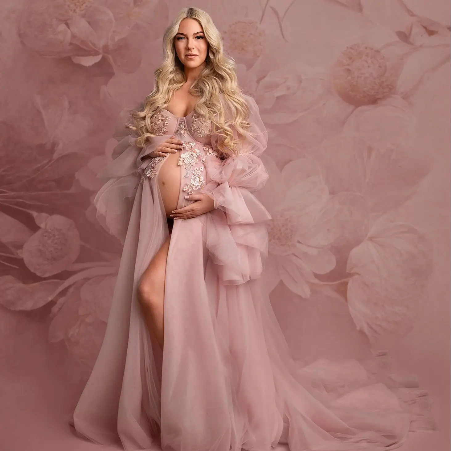 

Light Pink Maternity Robe for Babyshower Illusion Sweetheart Lace Appliques Prom Gown for Pregnant Women Customized Photoshoot