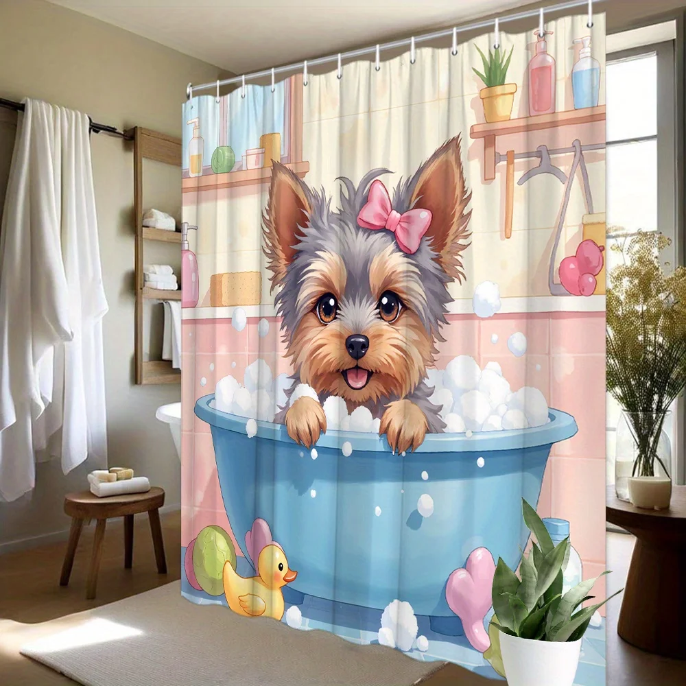 Cute Cartoon Yorkshire Terrier Pink Bow Bubble Bathtub Rubber Duck Print Shower Curtain Waterproof Mildew Resistant Polyester Fa