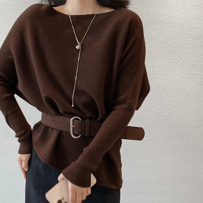 بلوزة كورية متماسكة بدون أكتاف، بلوزة بحزام بأكمام طويلة للنساء في أوائل الخريف أنيقة