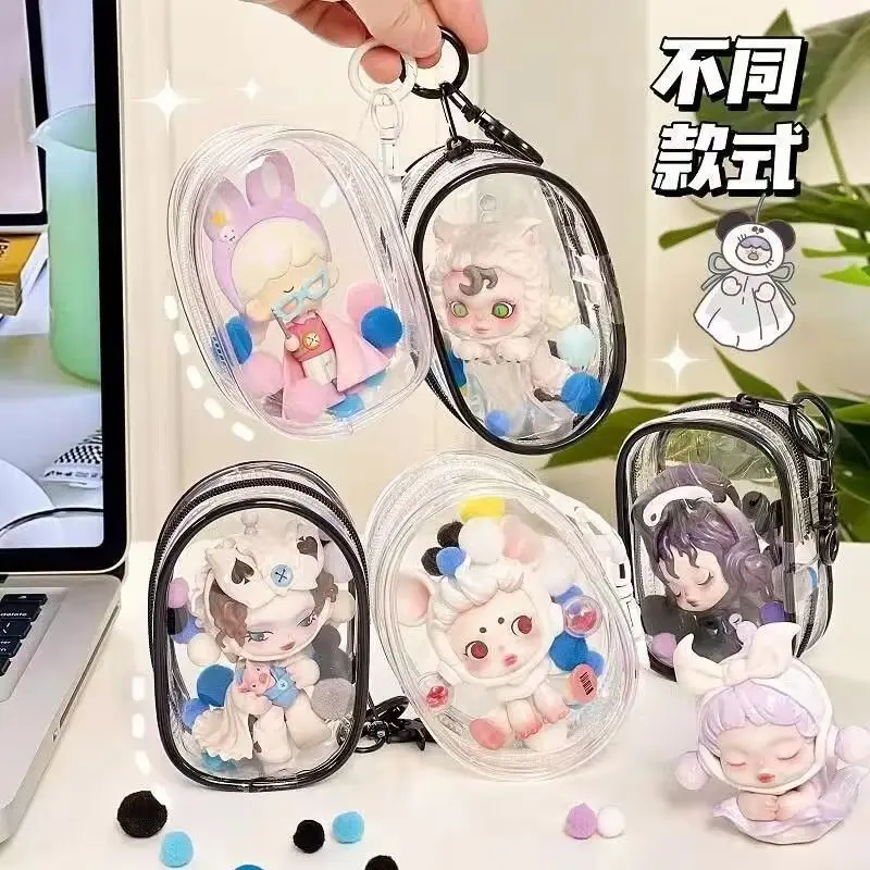 Mini bolsa de almacenamiento portátil transparente con cremallera para cargadores de auriculares, muñeca de dibujos animados, caja misteriosa para niños, bolsa de regalo organizadora para niños