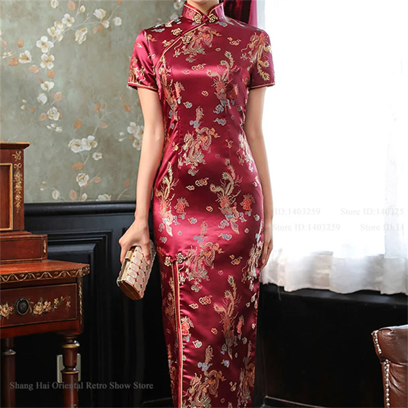 Qipao de brocado con diseño de dragón y fénix dorados, para mujer, de manga corta, con cuello mandarín, abertura lateral alta, estilo cheongsam, hanfu, vestido de brocado ajustado y sexy.