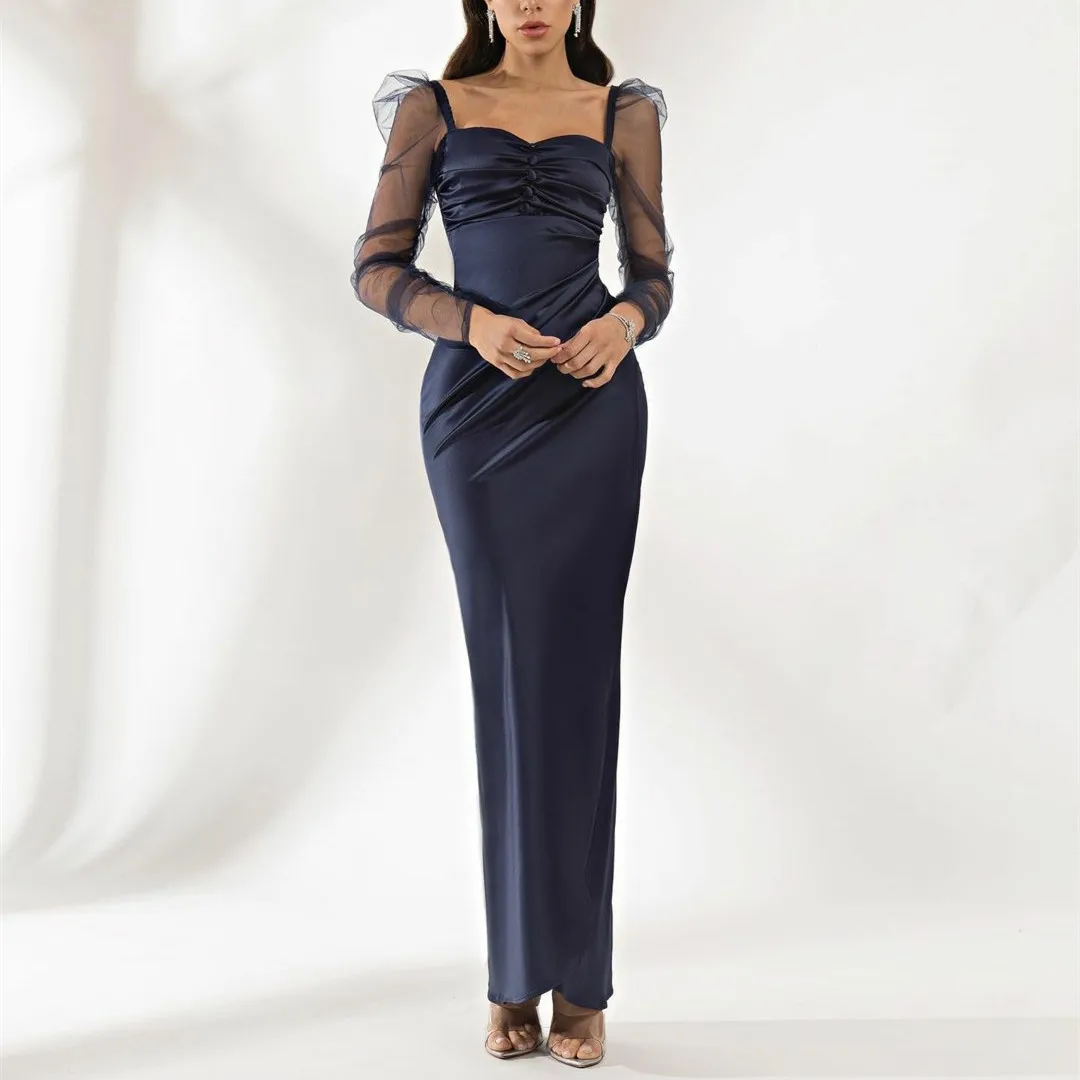 

Navy Blue Satin Prom Dresses for Women Long Sweetheart فساتين السهرة Sheath Ankle Length Evening Dress with Tulle Sleeves