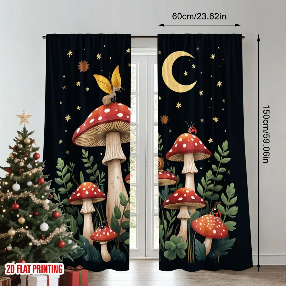 2pcs 2D flat printing Drapes Magical Mushroom Night Sky Digital Printed Polyester Drapes Family Party Use for Home Wall Yard Use