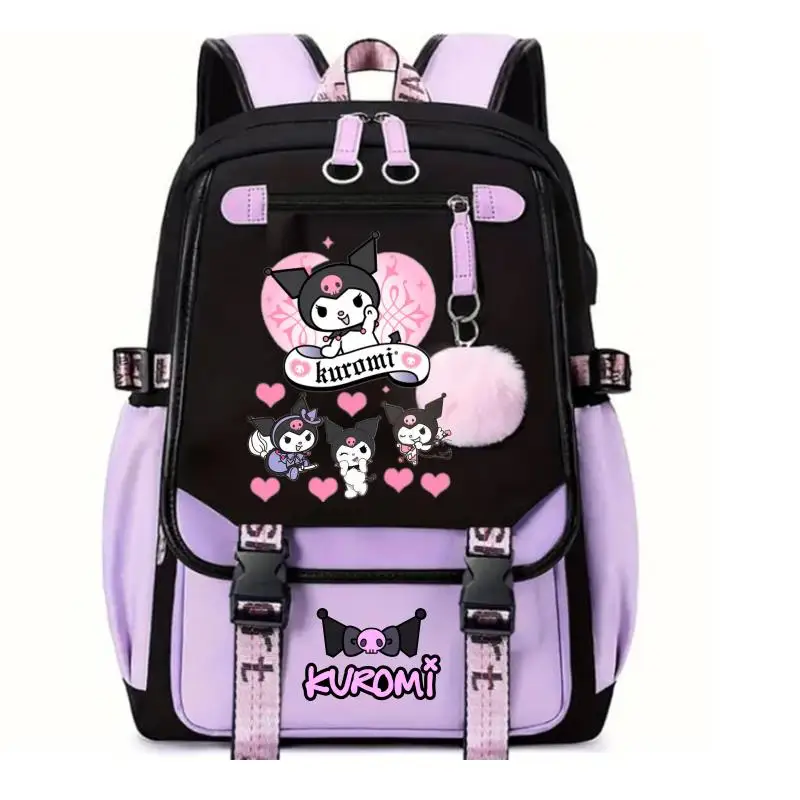 Bonito kuromi mochila feminina estudantes do ensino médio sacos de escola da menina carregamento usb grande capacidade diário infantil