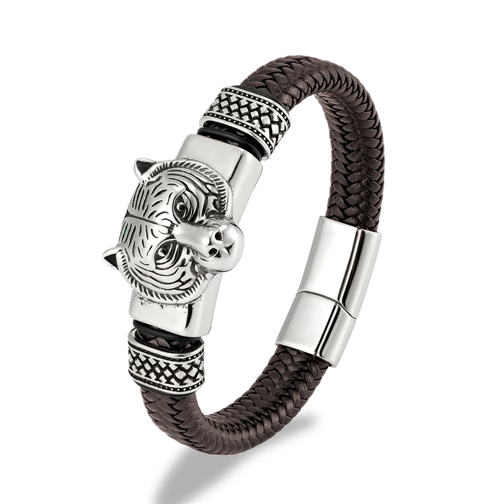 Vintage Vikings Bear Head Leather Bracelets for Men Handmade Stainless Stee Norse Amulet Bangles Punk Male Warrior Jewelry Gift view 5