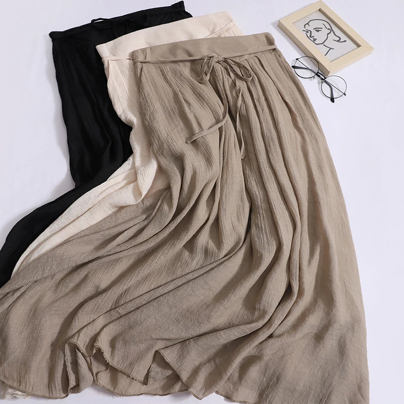 Chinese Antique New Skirts Women's Spring Autumn 2024 New Lace-up Skirt Semi-elastic Waist Khaki Loose Long Skirt