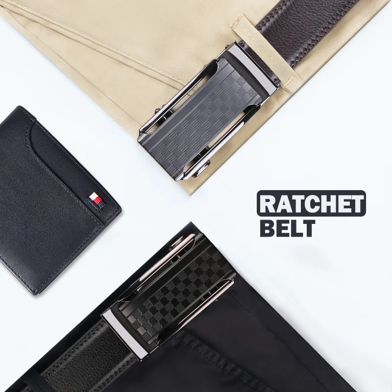 Business Men\'s Automatic Buckle Cowhide Belt, Ratchet Dress Belt, Genuine Leather Cowhide Men\'s Belt