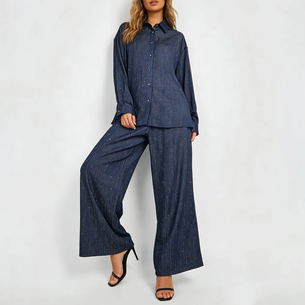 TWOTWINSTYLE الأزرق تقسم واحدة الصدر قطعتين مجموعة الإناث التلبيب كم طويل قميص عادية كسول المرأة فستان أطفال مع سروال داخلي الخريف جديد #3