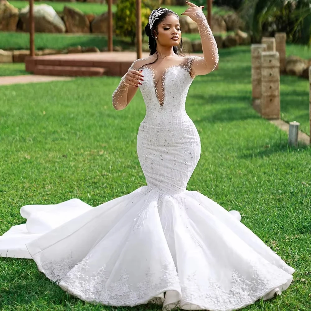 Customized  V Neck Sparkly Crystals Beads Wedding Dress for Bride Garden Long Sleeve Plus Size Luxury Trumpet Bridal Gown