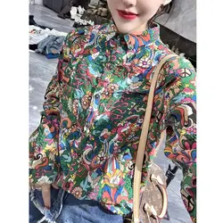 2024 Spring New Fashionable Casual Versatile Western Style Floral Polo Collar Shirt Women Button Open Long Sleeve Comfortable