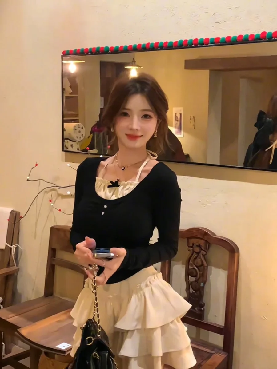 

Women Two-Piece Skirt Set Sweet Long Sleeve Patchwork Lace-up T-shirt Top Short Tiered Mini Skirt Suits Spring Female Clothing