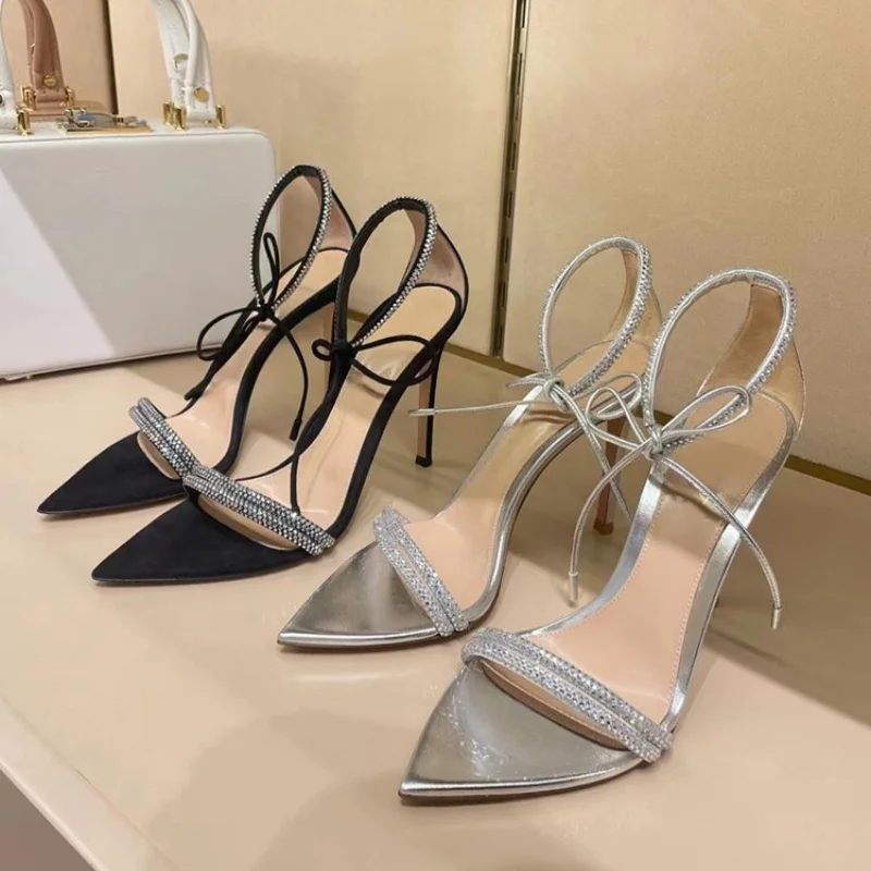 Summer New Women's Pointed High Heels Stilettos Sexy Rhinestones Embellished Ankle Straps One-Strap Sandals