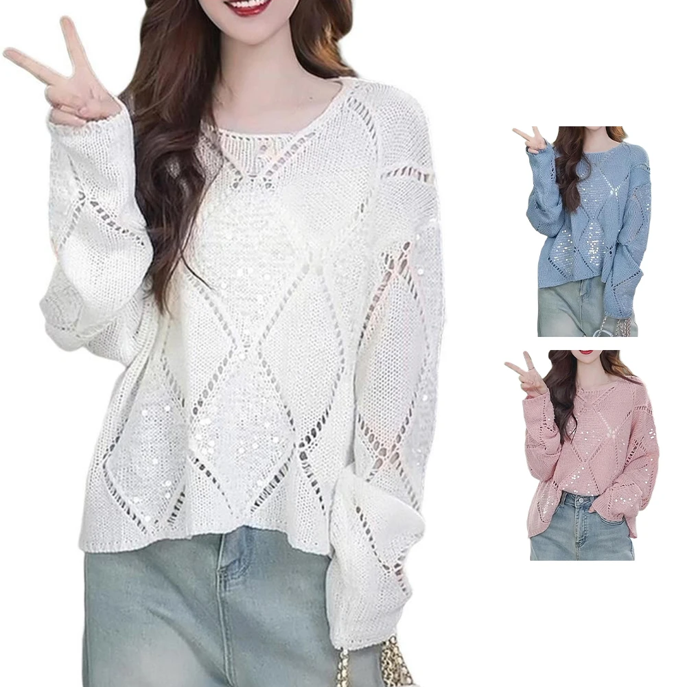 

2025 New Women Long Sleeve Autumn Hollow Out Knitted Sweater Top Casual Loose Knitwear