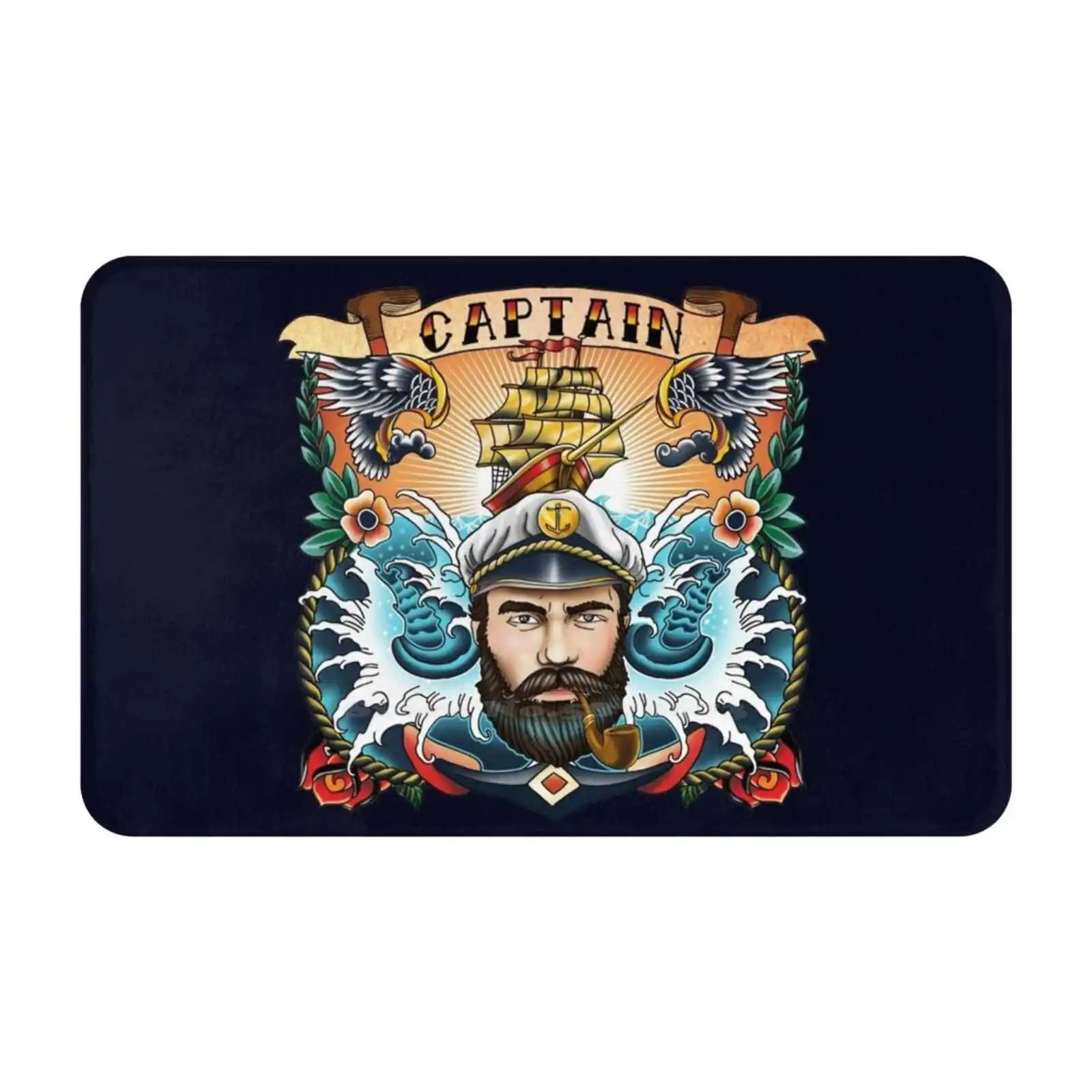 Boat Captain ~ Old School Tattoo Style ~ Back Print Comfortable Door Mat Rug Carpet Foot Pad Back Side Pirates Ocean