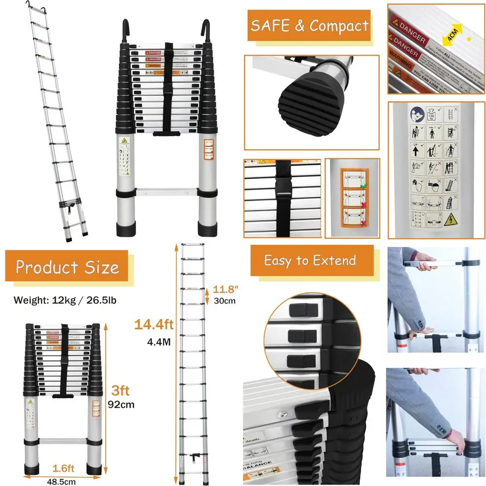 سلم تصغير من الألومنيوم بطول 14.4 قدم مع خطافات قابلة للإزالة، ارتفاع قابل للتعديل، معتمد من EN131، سعة تحميل 330 رطل، قابل للطي محمول #1