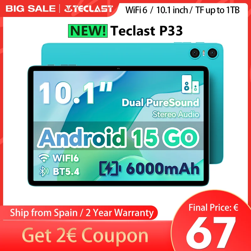 Teclast P33 Android 15 Tableta, 10.1 pulgadas, (3+6)9GB RAM, 64GB ROM, A333, 5 núcleos, 1280x800, 6000 mAh, tipo-c