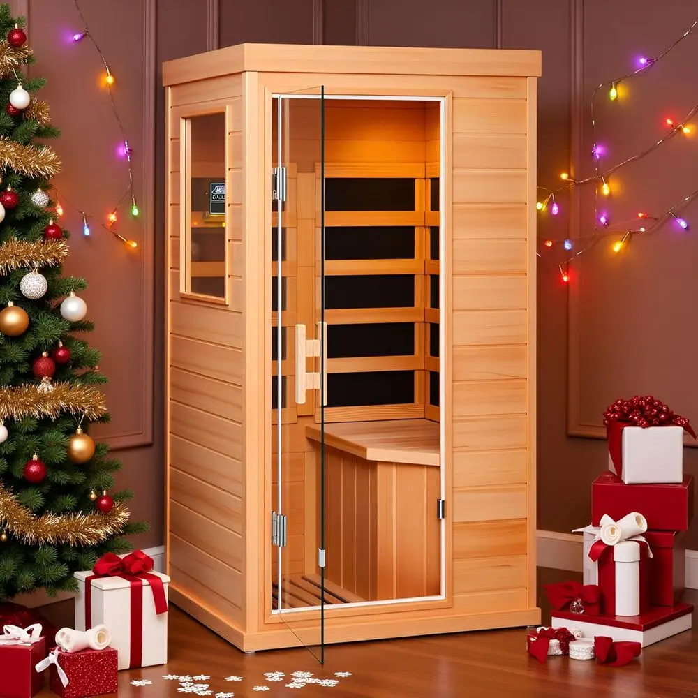 

Compact Hemlock Wood Indoor Dry Sauna with 4 Heating Panels, Bluetooth Speaker, Tempered Glass Door, and Full Spectrum Therapy,
