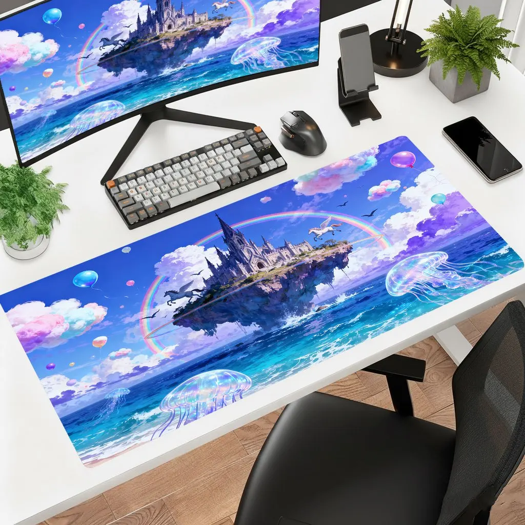 Alfombrilla de ratón Sea Rainbow Iron Art Floating Castle Jellyfish White Horse, base de goma antideslizante gruesa, alfombrilla de escritorio con impresión HD para juegos
