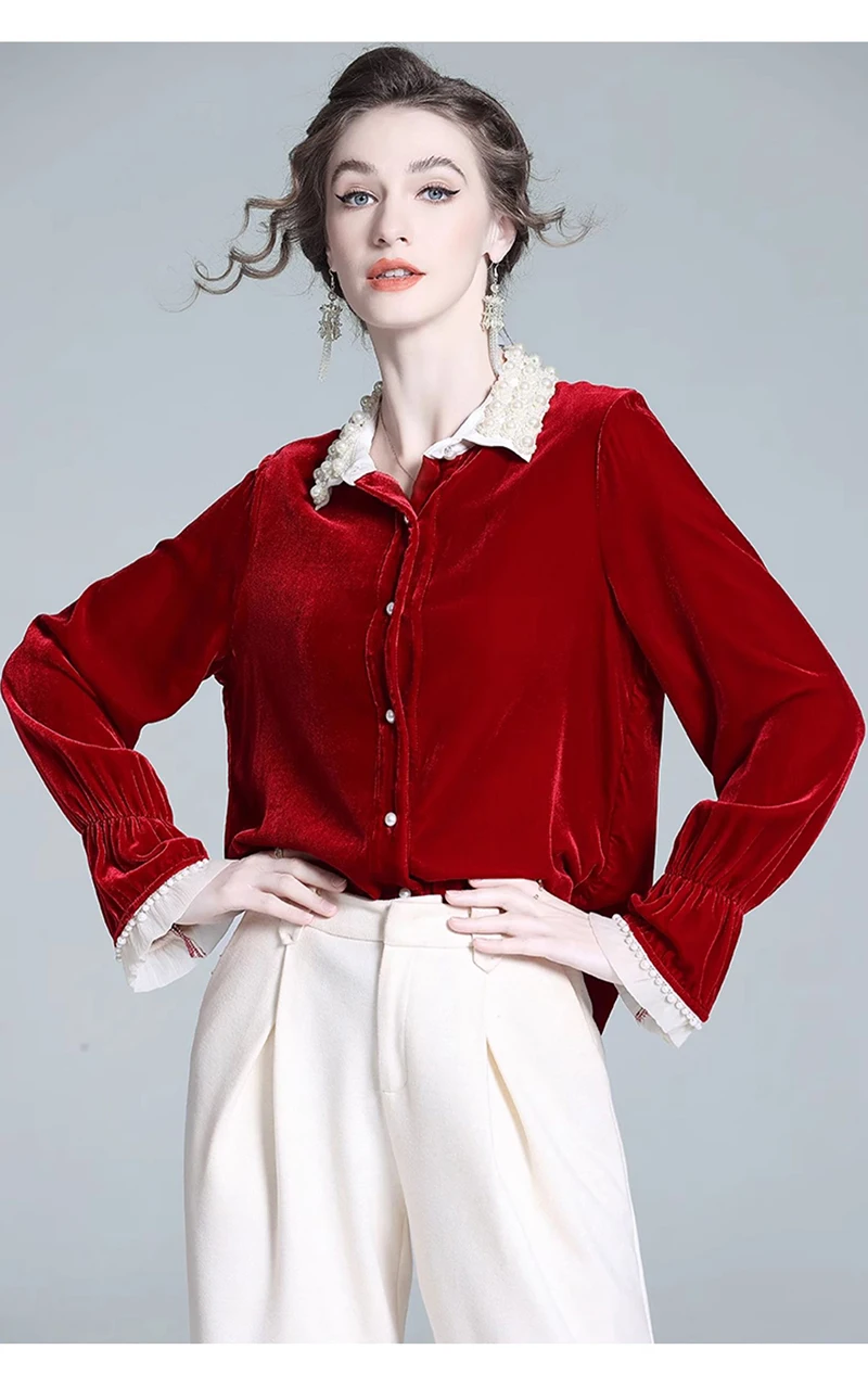 Fengboyu Luxe zijden fluwelen damesoverhemd met parelkraag Top met lange mouwen Elegant Hoogwaardig Modieus Zakelijk Casual