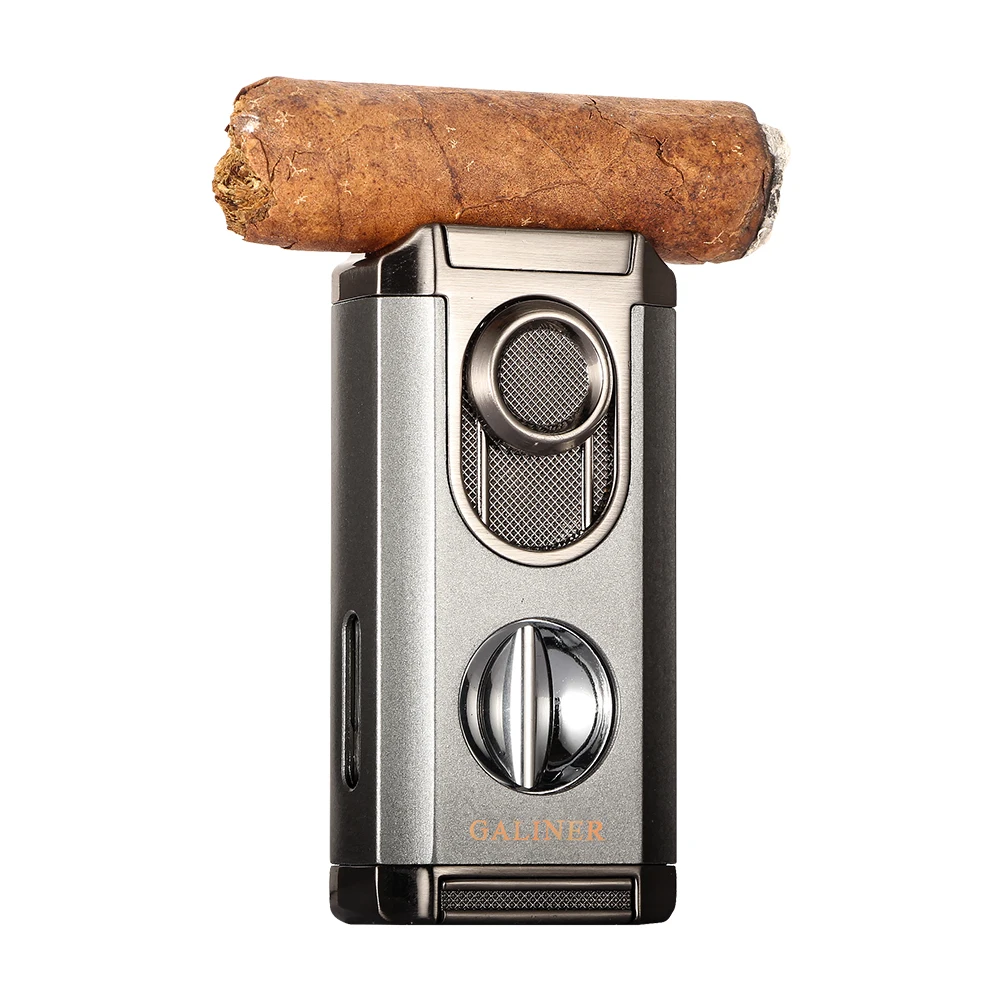 GALINER 3 Jet Torch Cigar Lighter WIth V Cut Metal Butane Gas Torch Lighters Cigar Accessories Portable