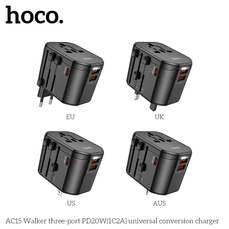 HOCO AC15 PD20W محول السفر العالمي شاحن يو اس بي تحويل ثلاثة منافذ المقابس نوع c الهاتف شحن سريع الولايات المتحدة الأمريكية الاتحاد الأوروبي المملكة المتحدة AUS المقابس