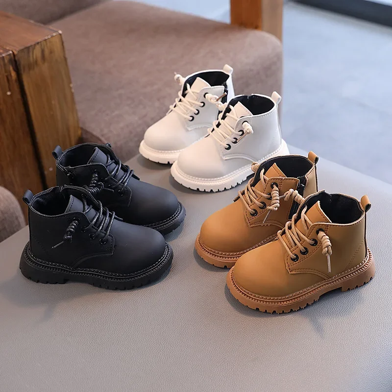 Autumn Winter Kid Retro Workwear Ankle Boots Children Soft Leather Fleece-Lined Warm Boots Boy Girl Outdoor Non-Slip Cotton Boot