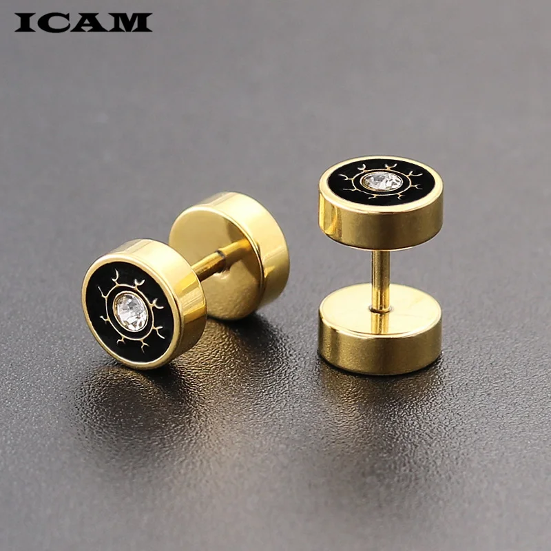 ICAM  1Pair Personality Titanium Steel Korean Men Earrings Double Round Dumbbell Stud Earrings Hypoallergenic Ear Brincos