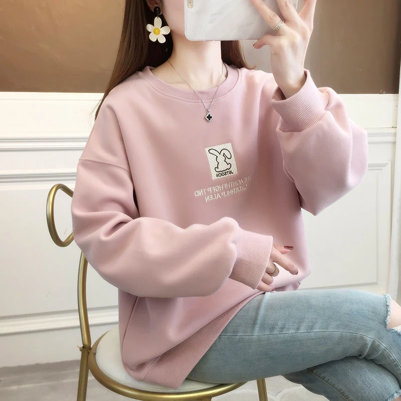 

Thickened Fleece Printed Sweatshirt round Neck Women's Fashionable Loose Fit Winter New Arrival Korean Style Long Sleeve Top