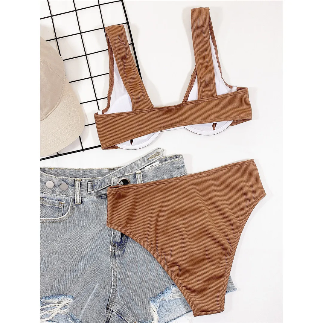 Neuer, sexy, gerippter, einfarbiger Damen-Badeanzug, Bikini mit hoher Taille, zweiteiliges Bikini-Set, Badebekleidung, Damen-Badeanzug, V3095 – Detail 9
