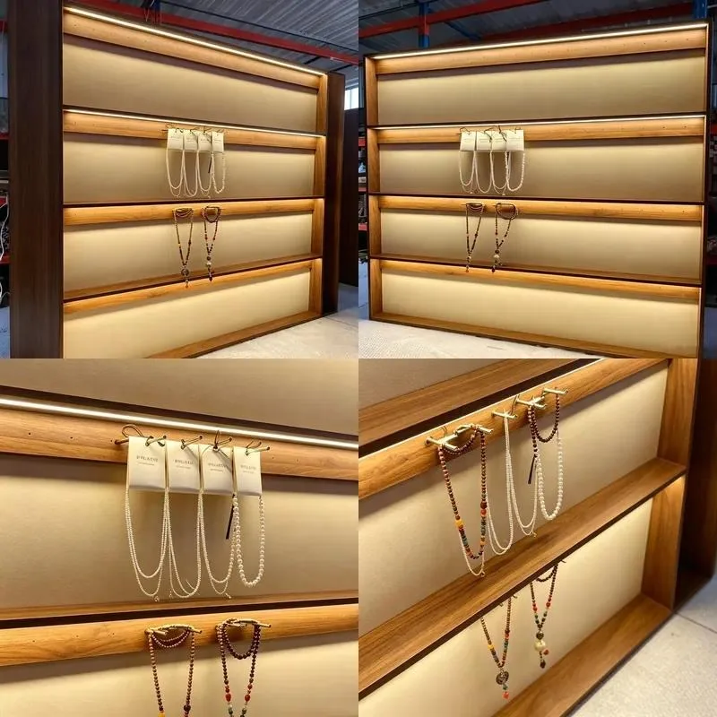 Solid Wood Veneer LED Wall Mounted Jewelry Showcase Set Customizable Retail Store Display System