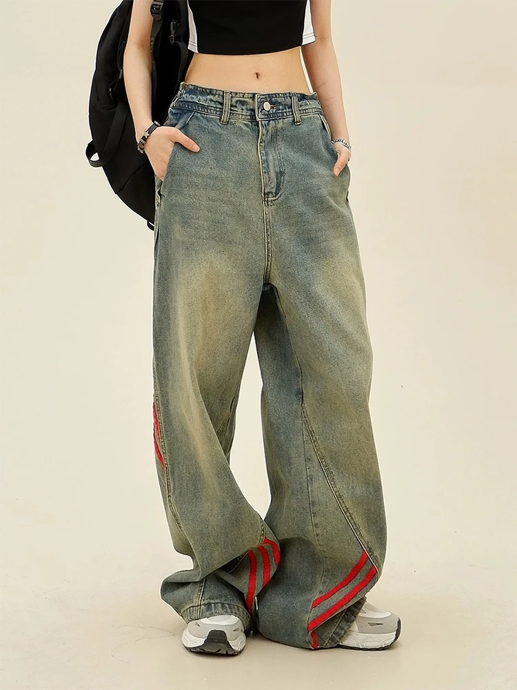 Women Blue Y2k Striped Jeans Harajuku Baggy Denim Trousers Vintage Jean Pants Aesthetic Japanese 2000s Style Trashy Clothes 2024