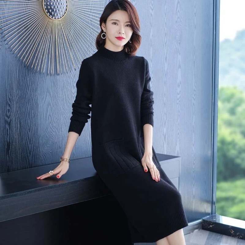 Outono inverno feminino camisola de malha vestido sólido meia gola alta manga comprida pulôver de malha solto feminino vestido de camisola de fundo