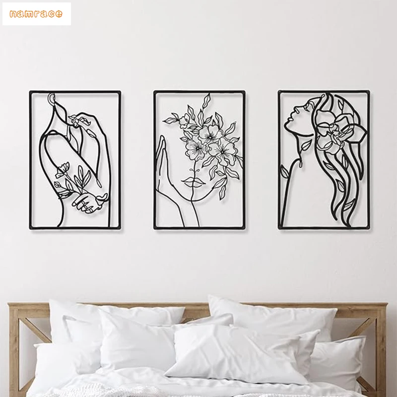 Minimalist Abstract Woman Flowers Vinyl Art Wall Stickers, Aesthetic Female Wall Decoration for Bathroom, Living Room, 3 Pcs