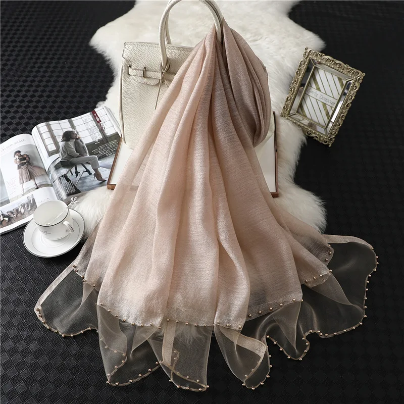 Fashion New Women Silk Cotton Blend Scarf Shawl Plain Soft Wild Beaded Turban Match Luxury Ladies Travel Sun Protection Scarves