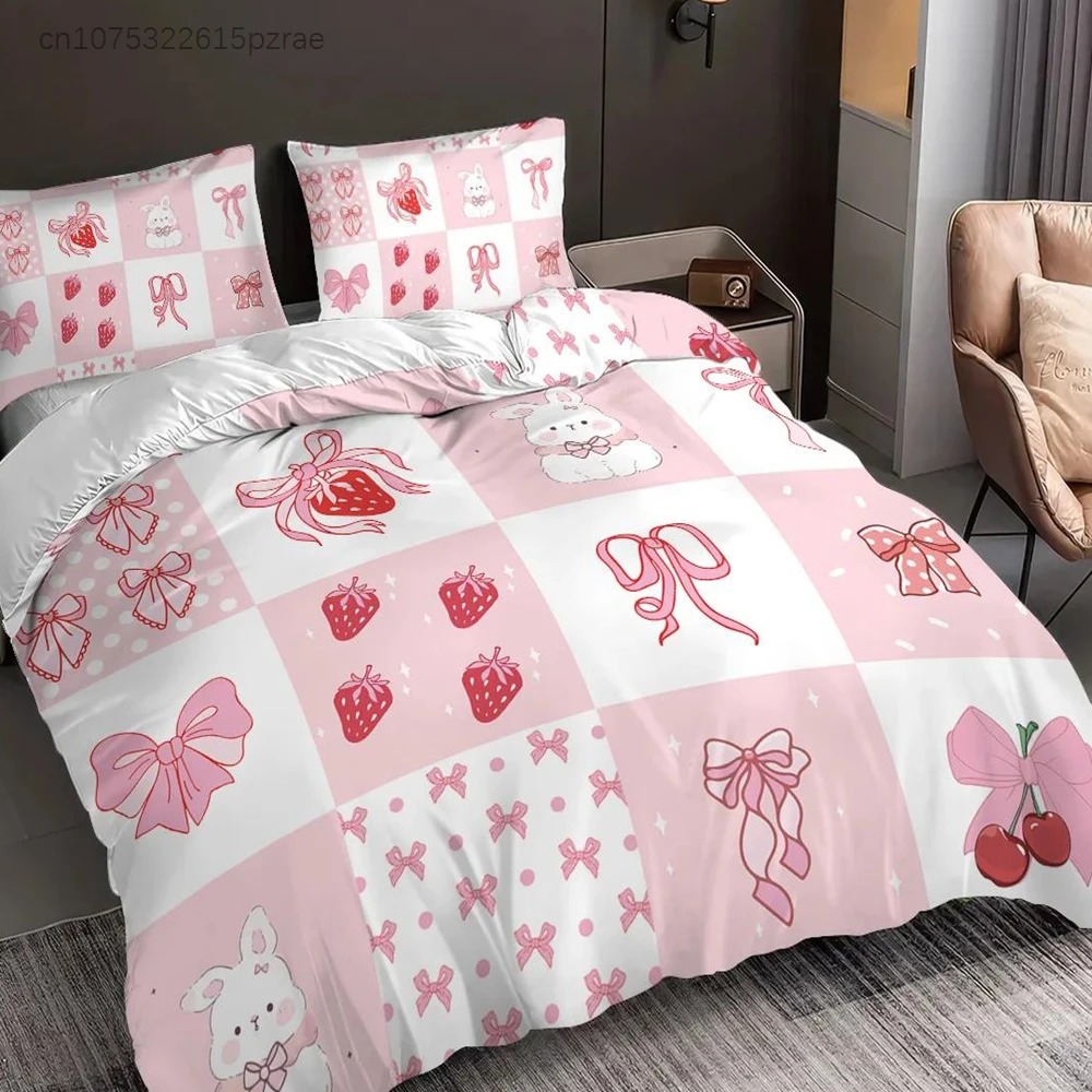 Pink Rabbit Bow Bedding Set Strawberry Print (1 Set +2 pillowcases, No core), bedding, Various Size To Meet Different Needs