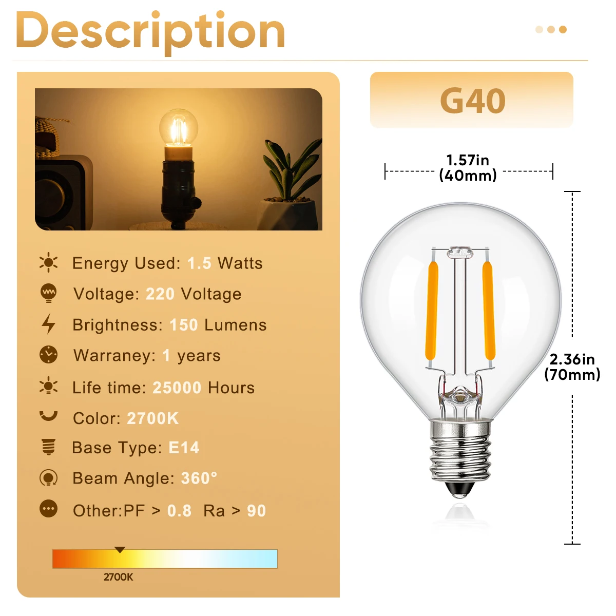 G40 Led Bulb E14 220V Replacement 1.5W Dimmable Warm White Vintage Outdoor Pendant String Light Bulbs Decoration Filament Lamp