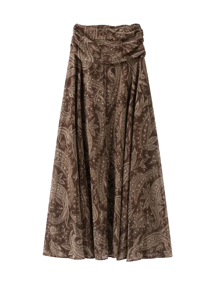 Jupes longues asymétriques imprimées élégantes, ample, taille haute, plissée, ligne a, vêtements de fête assortis pour dames, été automne 2025
