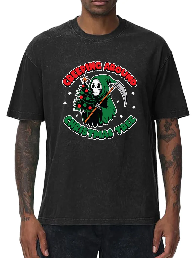 

Green Cloak Skull 230g Heavy Cotton Washed Oversized T-Shirt for Men Christmas Graphic Tee Retro Casual Top