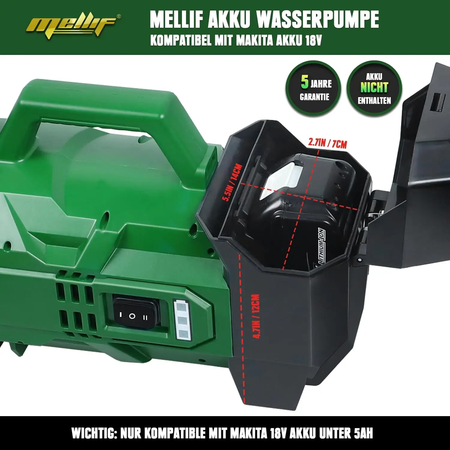 Cordless Water Pump for Makita 18V BL1830 Battery, Garden Pump with 2800 L/h flow rate, for Irrigation, Drainage (Tool Only)