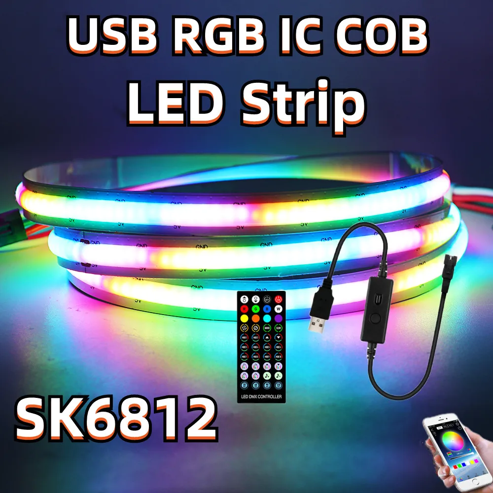 

DC 5V USB Bluetooth APP SK6812 RGB COB Strip 332Leds/M TV Background Lamp Dream Color Flexible Ribbon Tape Rope LED Light