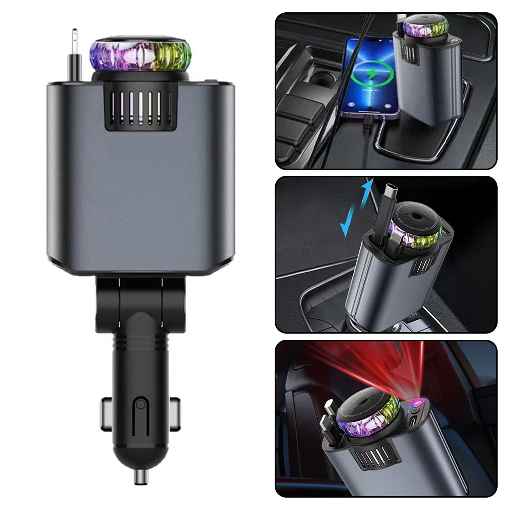 

Автомобильное зарядное устройство 5-в-1 с атмосферной LED-подсветкой, быстрой зарядкой PD3.0, выдвижным кабелем, освежителем воздуха и проектором, 45 Вт