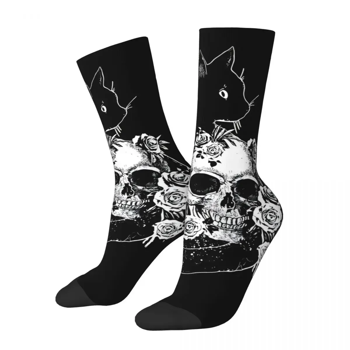 With Skull Skeleton With Roses Men's Socks Retro Harajuku Halloween Cat Street Style Novelty Seamless Crew Sock