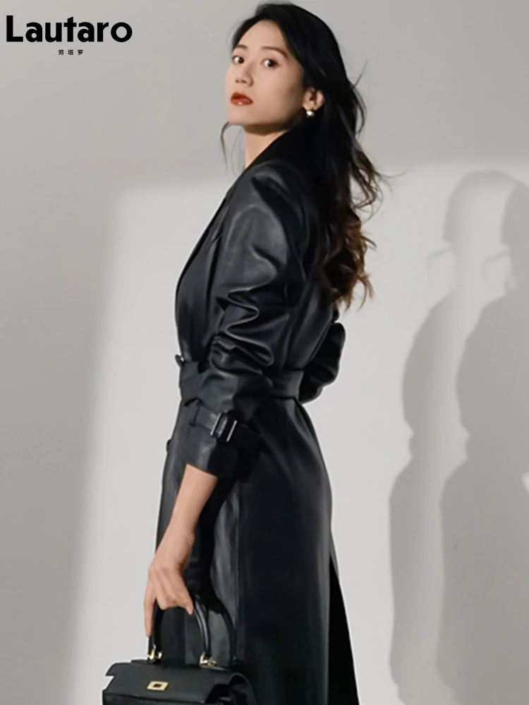 Lautaro Spring Autumn Long Fitted Black Faux Leather Trench Coat for Women Belt Double Breasted Fashion 2022 Runway Raincoat