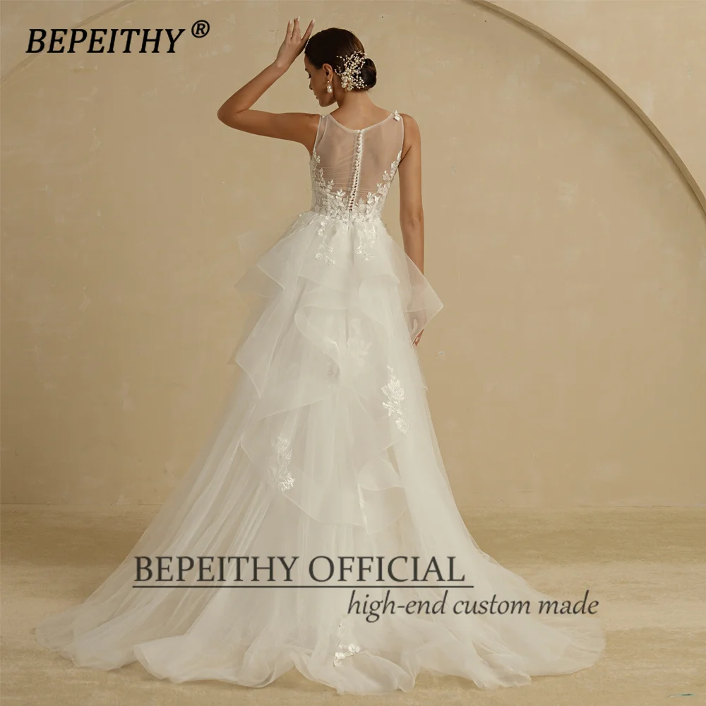 BEPEITHY Customized Ivory V Neck Lace Wedding Dresses For Women 2022 Ruffles Floor Length Bride White Boho Bridal Party Gown New