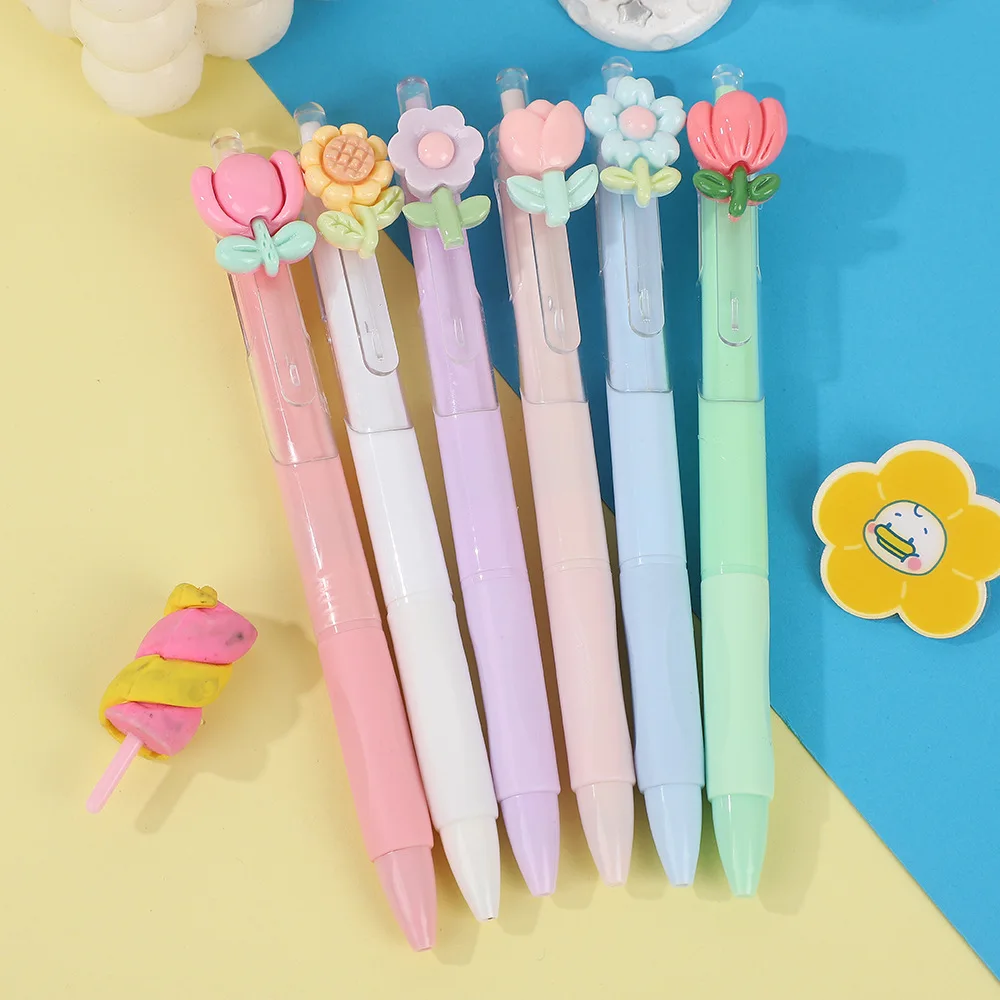 Lot de 6 stylos gel fantaisie à fleurs, style INS, séchage rapide, pour filles, avec pendentif, cadeau idéal