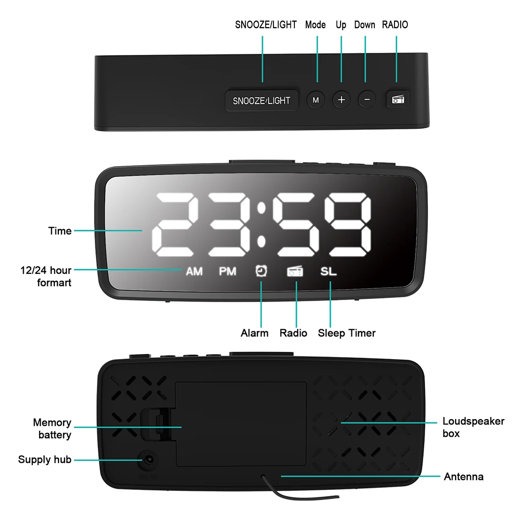 

Radio Mirror Digital Alarm Electronic Home Decor Moisture Proof Simple Makeup Mirror Compact Stable Table for Bedroom