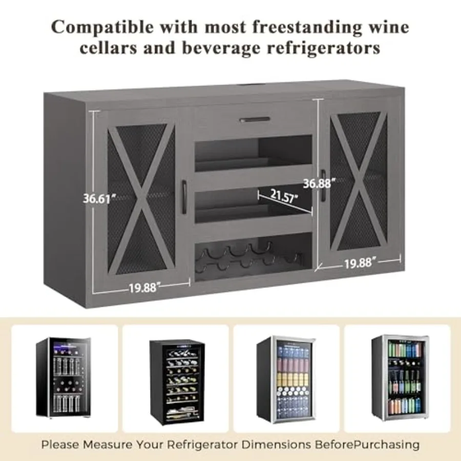 Large Coffee Bar Cabinet with Fridge Space Mini Fridge Cabinet with Pull-Out Drawer and Power Outlets Farmhouse Design Liquor C