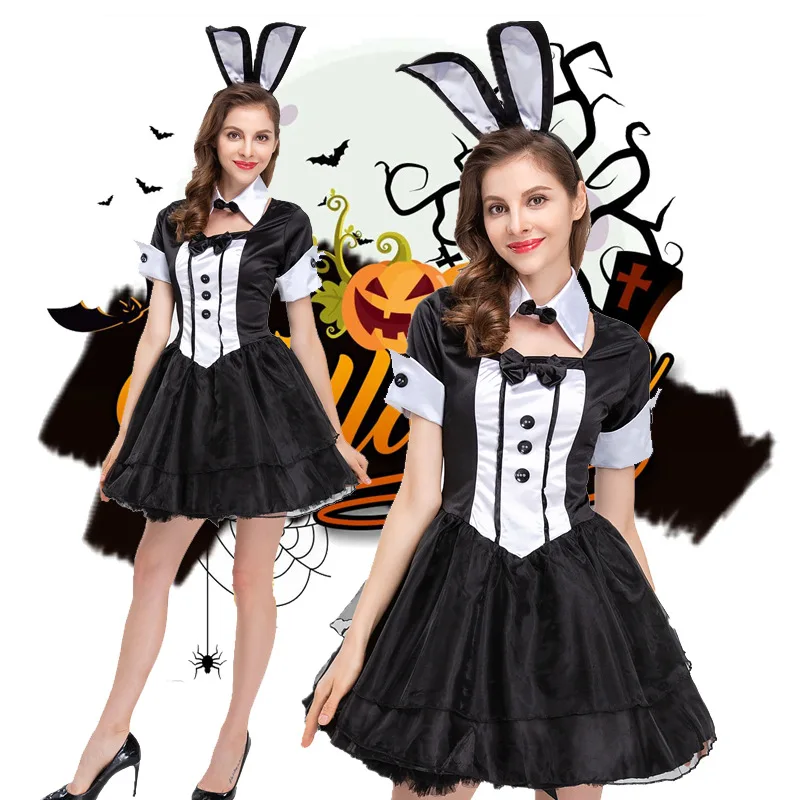 

Black and White Bunny Dress with Bunny Headdress Sexy Bunny Costumes Short Club Party Dress Women