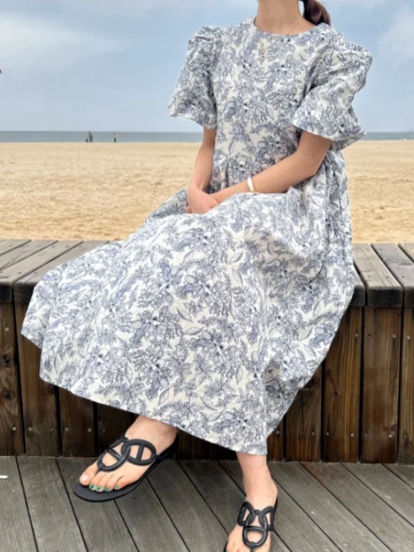 Casual Travel Floral Pleated Skirt Dress A-Line Maxi Skirt Double Layer Bell Sleeve Anti-Aging Color Block Korean Style Dress
